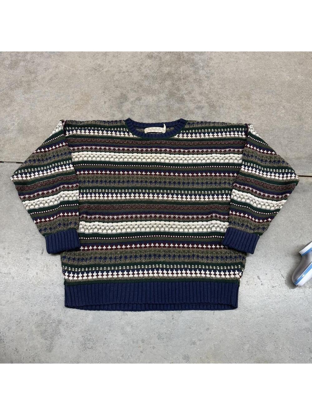 vintage crossings green navy beige striped knit sweater size large